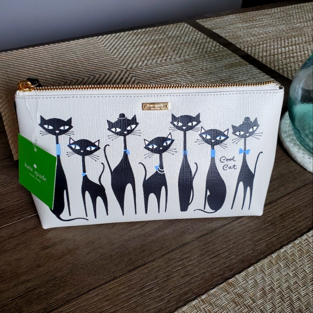 Kate spade shiloh jazz things up cool cat cosmetic pouch clutch small bag